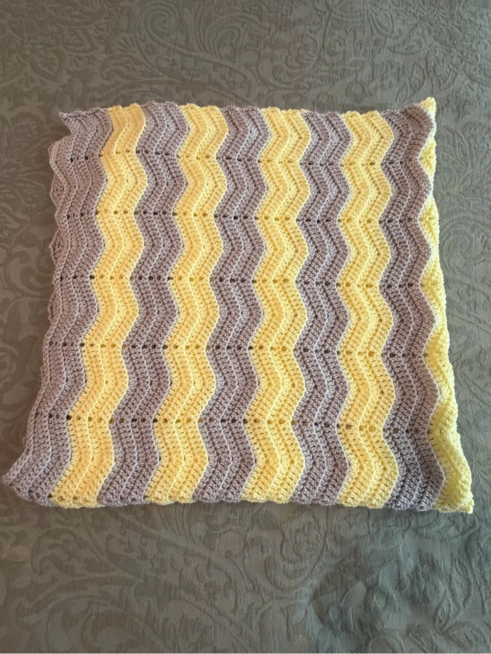 Hand Crocheted Yellow Grey Chevron Ripple Afghan Baby Blanket Throw 40x46